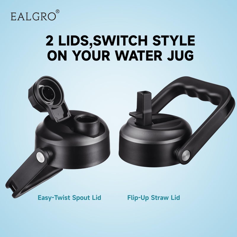 EALGRO إبريق زجاجة مياه معزول نصف جالون من EALGRO مع قش سعة 64 أونصة قارورة مياه رياضية معدنية كبيرة من الفولاذ المقاوم للصدأ مع مقبض كوب ماء حراري مع غطاءين باللون الأسود - Image 2